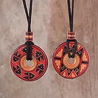 Big Sale Enchanted LandPair of Red and Black Ceramic Pendant Necklaces from Peru