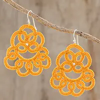 Trending Elegant Swirls in MarigoldHand-Tatted Dangle Earrings in Marigold from Guatemala