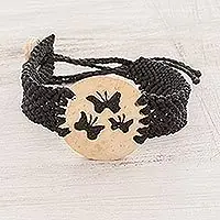 Three ButterfliesButterfly Motif Coconut Shell and Lava Stone Bracelet Fast Shipping