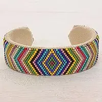 Worldwide Shipping Sun's PathGlass Beaded Cuff Bracelet Rhombus Motif from El Salvador