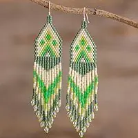 Peaks and Valleys in GreenGreen and Ivory Woven Bead Waterfall Earrings Super Sale