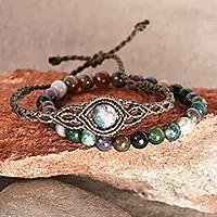 New SpiritSet of 2 Macrame and Beaded Bracelets with Green Agate Gems Popular