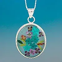 Azure ForeverBlue Dried Flower and Resin Silver Necklace from Mexico Deal