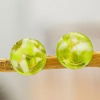 Wholesale Green TexturesGreen Fused Glass Mosaic Button Earrings from Mexico