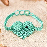 Premium Aqua Love InspirationHandcrafted Beaded Heart-Themed Pendant Bracelet in Aqua
