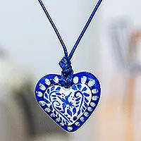 Talavera HeartBlue & White Talavera Style Papier Mache Heart Necklace Budget