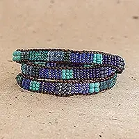 Buy Online Leather-Bound SeaBlue and Sea Green Beaded Bracelet with Leather Trim