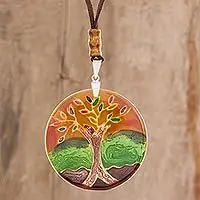 Price Cut Tree of Life at SunsetTree-Themed Glass Pendant Necklace in Orange from Costa Rica