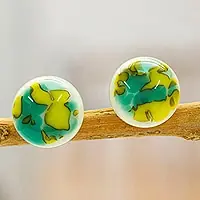 Special Discount Sea Green & Pistachio TexturesSea Green & Pistachio Fused Glass Mosaic Button Earrings