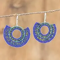 Deal Blue Half MoonHand Beaded Blue Circular Dangle Earrings from Costa Rica