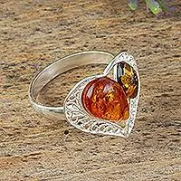 Buy Direct Heart TeamSterling Silver Cocktail Ring with Heart Shape and Amber