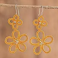 Yellow FloraHand-Tatted Floral Dangle Earrings in Yellow Cheap