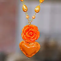 Free Shipping My Evening HeartGold-Accented Floral and Heart Orange Pendant Necklace