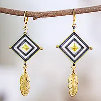 Seasonal Sale Feathery DiamondsGold-Accented and Hand-Woven Dangle Earrings with Feathers