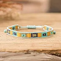 Geometric HarmonyHandmade Light Blue Yellow Glass Beaded Wristband Bracelet Worldwide Shipping
