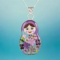 Weekend Sale Violet Mexican MatryoshkaPurple Matryoshka Pendant Necklace with Natural Flowers