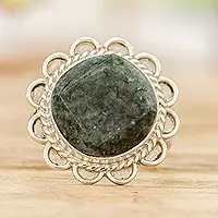 Dark Moon AuraHandcrafted Dark Green Jade and Silver Cocktail Ring Crafted
