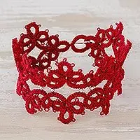 Elegant Flowers in CherryHand-Tatted Wristband Bracelet in Cherry from Guatemala Deal