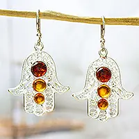Warm Hand of Fatima925 Sterling Silver and Amber Hamsa Dangle Earrings Super Sale