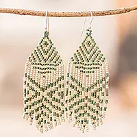 PrehispanicHandcrafted Green and Ivory Glass Beaded Waterfall Earrings Handmade