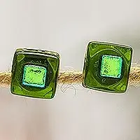Big Sale Green DichroicGreen Fused Glass Mosaic Stud Earrings Handmade in Mexico