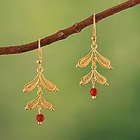 Vivid LeavesLeaf Shaped Gold-Plated Carnelian Filigree Dangle Earrings Genuine