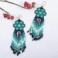 Flash Sale Turquoise JikuriTurquoise Floral Beadwork Huichol Waterfall Earrings
