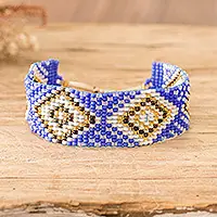 Wizard GeometryBlue and Golden Geometric Glass Beaded Wristband Bracelet In Demand
