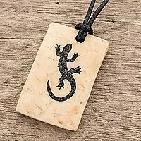 Gecko RectangleCoconut Shell and Lava Stone Gecko Pendant Necklace Professional Grade