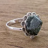 Dark SunflowerHandcrafted Dark Green Jade and Silver Floral Ring Wholesale