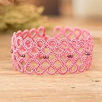 Gleams of SweetnessHandwoven Pink Wristband Bracelet with Glass Beads Seasonal Sale