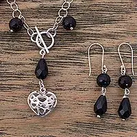 Agape LoveBlack Agate Handcrafted Sterling Silver Heart Jewelry Set Authentic