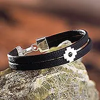 Secure Checkout Chakana Southern CrossBlack Faux Leather Chakana Bracelet with Sterling Silver