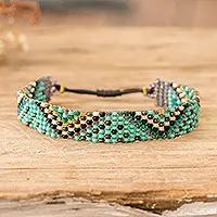 Serene AtitlanTurquoise and Golden Glass Beaded Wristband Bracelet Grab Now