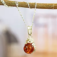 Sale Sweet Porcupine Treasure925 Sterling Silver and Amber Pendant Necklace from Mexico