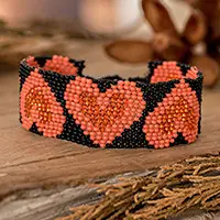 Pink Queen of HeartsHandmade Black Pink Orange Beaded Heart Wristband Bracelet Free Shipping