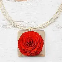 Best Price Intricate EleganceEucalyptus Wood and Horn Rose Flower Pendant Necklace