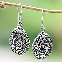 Verdant SeedsLeaf Pattern Sterling Silver Dangle Earrings from Bali Price Cut