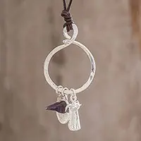 Ancestral LightAmethyst and Fine Silver Cat Necklace from Guatemala Free Delivery
