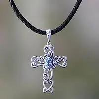 Balinese CrossUnique Indonesian Sterling Silver and Blue Topaz Necklace Bargain
