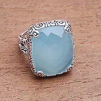Buddha's Curl Bliss15-Carat Blue Chalcedony Cocktail Ring from Bali Direct From Factory