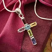 Best Price Kolkata CrossHandmade Multigem Cross Sterling Silver Religious Choker