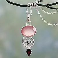 New Arrival Romantic JourneyIndian Silver Necklace with Pink Chalcedony and Garnet