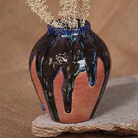 Weekend Sale Wide BlueClassic Glazed Ceramic Vase in Blue and Reddish-Brown Hues