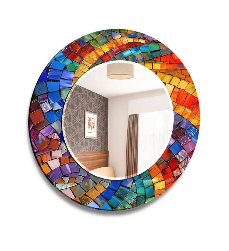Limited Offer Rainbow Mosaic Round Wall Mirror – Colorful Glass Accent for Boho Home Decor
