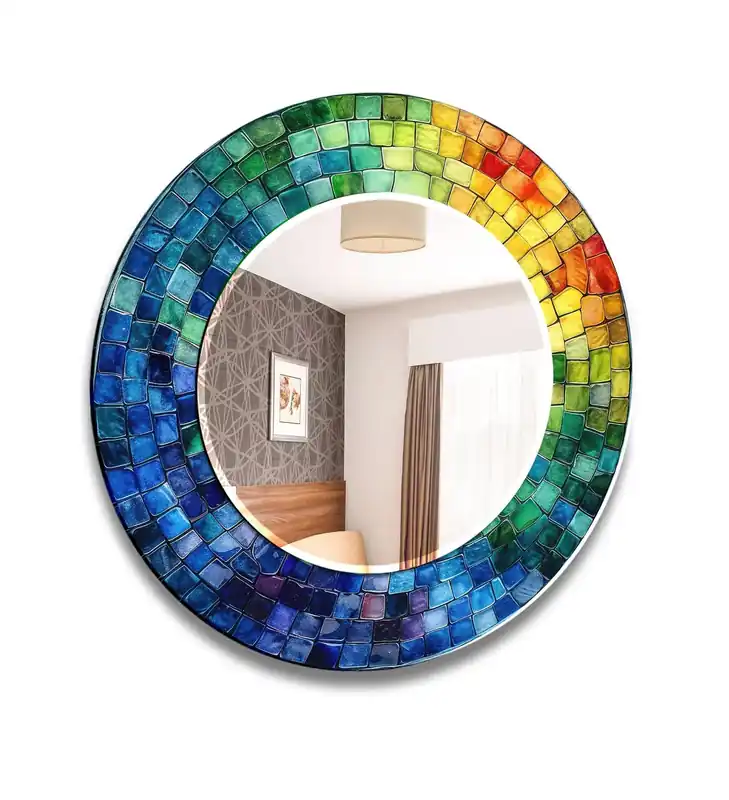 Original Rainbow Mosaic Glass Wall Mirror – Vibrant Round Frame Accent