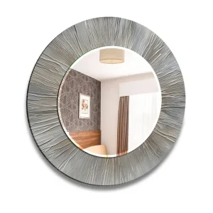 Worldwide Shipping Silver Burst Round Wall Mirror – Textured Frame for Elegant Modern Decor